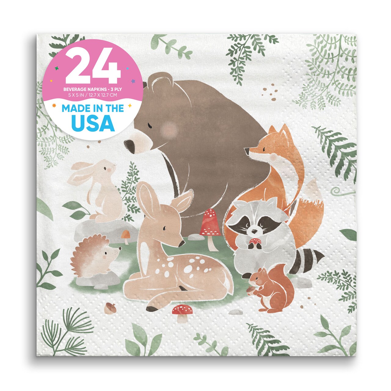Big Dot of Happiness Woodland Animals Napkins, Forest Baby Shower or Birthday Party Decor, White 3-Ply Paper Beverage Cocktail Napkins - 24 Count
